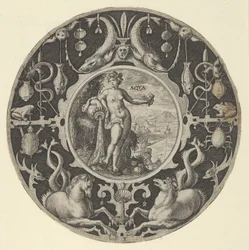 Aqua in een decoratieve rand met zeedieren, uit een serie cirkelvormige ontwerpen, 1590-1612