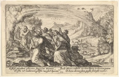 God sluit een verbond met Noach: naast een rokend vuur knielt Noach in een gebaar van p...