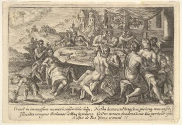 De mensheid geeft zich over aan wellust voor de zondvloed: omhelzende koppels op banken rond een tafel