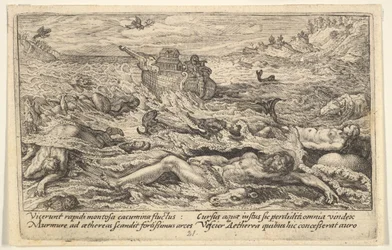 De zondvloed vernietigt het leven op aarde: lijken van mensen en dieren drijven op de voorgrond..., 1612