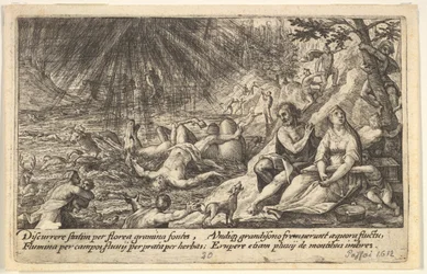 Het begin van de zondvloed: mannen en vrouwen klimmen naar hoger gelegen grond rechts, water neemt toe, 1612