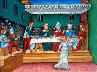 Tijdens het feestmaal van Herodes overhandigt Salome het hoofd van Johannes