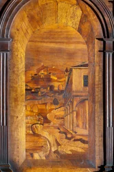 Landschap, intarsia (detail van het houten koor)