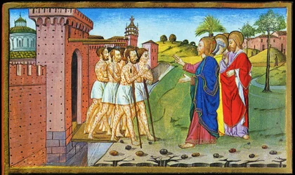 Jezus en de melaatsen. Miniatuur van Cristoforo door Predis - in Historia del nuovo testamento