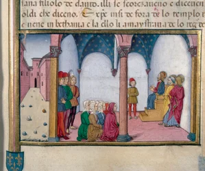 Jezus onderwijst in de tempel Miniatuur door Cristoforo De Predis (1440-1486) na de Geschiedenis van het Nieuwe Testament