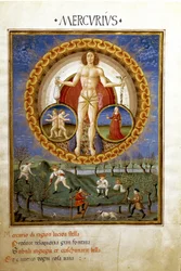 Mercurius met de sterrenbeelden Maagd en Tweelingen. Boeren aan het werk op de velden (miniatuur, ca. 1470)