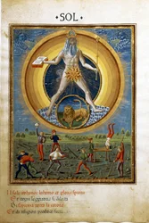 Zon met het sterrenbeeld van de leeuw. Scènes van fysieke oefeningen van mannen. (miniatuur, ca. 1470)