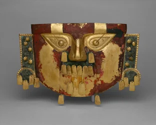 Peruaans begrafenismasker, 900-1100 AD (goud, zilver-koper overlays, cinnaber)