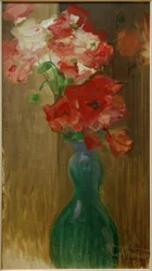 Papaver in dubbelbuikige glazen fles