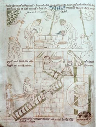 Ms 23 C 124 fol.3 De Bouw van de Toren van Babel, uit de Velislav Bijbel, c.1340