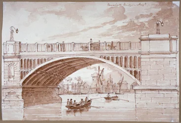 Uitzicht op een kleine boot die onder de Vauxhall-brug doorvaart, Londen