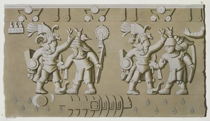 Bas-Relief van Oude Azteekse Krijgers, van de Steen van Tizoc die een Heerser Herdenkt die zijn Gevangenen bij het Hoofd Vasthoudt