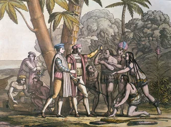 De aankomst van Christoffel Columbus in de Nieuwe Wereld en zijn ontmoeting met de inheemse volkeren