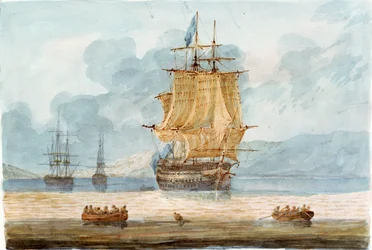 Britse oorlogsschip en andere schepen in een ankerplaats, met scheepsboten op de voorgrond