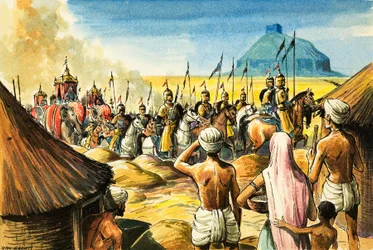 Indiase oorspronkelijke bewoners kijken toe hoe een stoet olifanten en soldaten een fort nadert (gouache op papier)