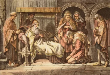 Harold, terugkerend uit Normandië, presenteert zich aan Edward de Belijder, gegraveerd door JD Cooper