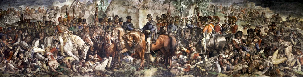 De ontmoeting van Wellington en Blücher na de slag bij Waterloo