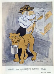 Marguerite Durand plakt haar verkiezingsposter, illustratie uit 