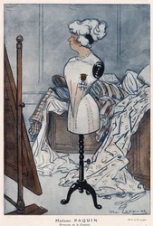 Madame Jeanne Paquin (1869-1936), Franse modeontwerpster, afgebeeld met het kruis van het Legioen van Eer dat ze zojuist heeft ontvangen - illustratie door Daniel De Losques in Fantasio van 1913
