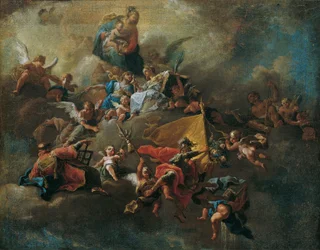 Maria met het kind en heiligen, tronend op wolken
