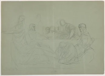 Tekening, Maria wast de voeten van Christus, verschillende mannen zitten aan een tafel; Verso: aantekeningen, 1852