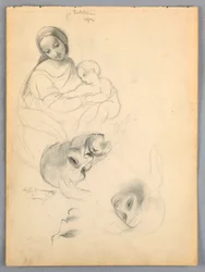 Madonna en Kind, Schetsen naar Leonardo Da Vinci en Fra Bartolomeo van Werken in de Uffizi, Florence
