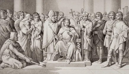 Kroning van Harold II (ca. 1022-66), koning van de Angelsaksen in 1066 n.Chr., uit 