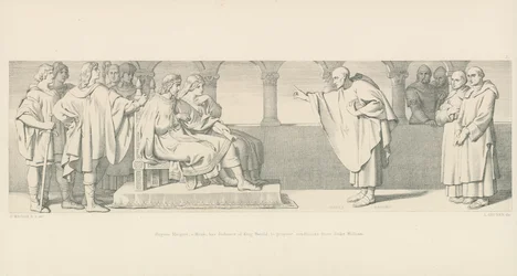 Hugues Maigrot, een monnik, heeft audiëntie bij koning Harold om voorwaarden van hertog Willem voor te stellen