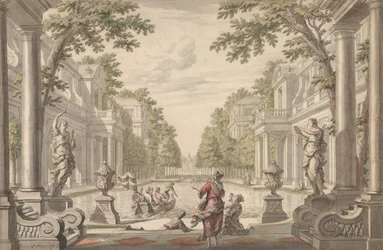 Uitzicht op een paleistuin met een centrale vijver omringd door klassieke architectuur, ca. 1700-1720