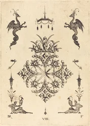 Broche met Fantasiedieren bovenaan en Faunen met Vazen onderaan