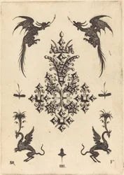 Broche met Tafelstenen, Gevleugelde Draken bovenaan, en Griffioenen onderaan