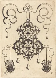 Grote hanger, linksonder en rechtsonder twee bosjes gras, bloemen en fruit