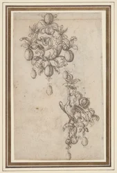 Twee ontwerpen voor broches met parelhangertjes (recto); Ontwerp voor een broche (verso)