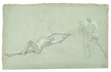 Studie voor Het Beleg van Gibraltar (Studie van geredde figuur en twee figuren die aan een roeispaan trekken), 1785-1786