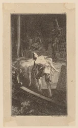 Bunkel draagt Miss Melmoth vanuit de overstroomde kajuit naar het dek, blad 2 uit "Leven, opmerkingen en meningen van Johann Bunkel"