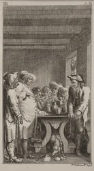 De hond van de scheerder likt het gekleurde water uit een gebroken vat onder de tafel, waar 4 boeren zitten en 3 staan, die tabak roken en drinken. ob. III, p. 61.