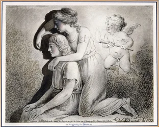 De uitvinding van de tekenkunst: een meisje tekent, aangemoedigd door Cupido, het silhouet van een jongeman die links voor haar zit, op de muur