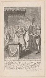 Keurvorst Frederik III van Brandenburg kroont zichzelf, plaat 1 uit de reeks "Oudere, middeleeuwse en nieuwere geschiedenis"