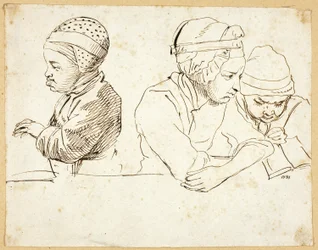 Drie kinderen (recto); Schetsen van hoofd, ogen, lippen en bloemen (verso)