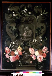 Madonna en kind, heilige Elisabeth en Johannes de Doper als kind in een bloemenkrans