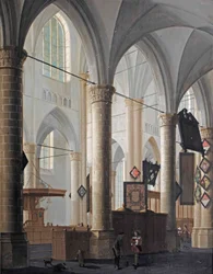 Het interieur van de Grote Kerk in Dordrecht, met pratende figuren en spelende kinderen
