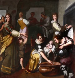Leven van de Maagd: "De Geboorte van Maria" Schilderij door Daniele Crespi (1598-1630) 17e eeuw Museo della Basilica di Santa Maria Assunta, Gallarate, Italië