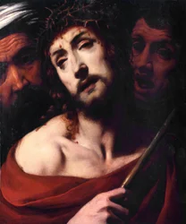 De bespotting van Christus Gezicht van de lijdende Christus met doornen. Schilderij door Daniele Crespi (1598-1630) 17e eeuw Basilica San Giovanni, Busto Arsizio Italië