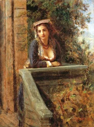 Jong meisje bij raam of jonge vrouw op balkon, door Daniele Ranzoni (1843-1889)