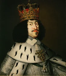 Koning Frederik III van Denemarken en Noorwegen in kroningsgewaden ...