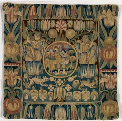 Wandtapijtkussenhoes die Simson uitbeeldt die de leeuw doodt, gemaakt in Sleeswijk-Holstein, Denemarken, c.1615