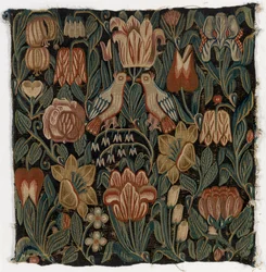 Wandtapijtkussenhoes met twee vogels tussen bloemen, gemaakt in Sleeswijk-Holstein, Denemarken, ca. 1690