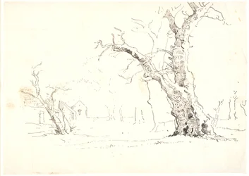 Landschap met grote eiken, links enkele huizen