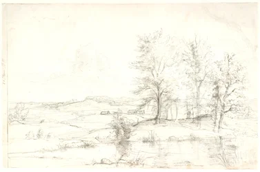 Uitzicht over een heuvelachtig bosrijk landschap. Op de voorgrond een meer