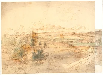 Breed uitzicht over een landschap met grote heuvels rond een weidebeek. West-Fyn?